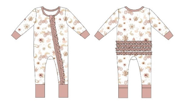 PREORDER - Whimsy Wheels - Ruffled Convertible Zipper Romper