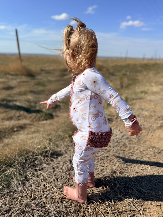 Whimsy Wheels - Ruffled Convertible Zipper Romper